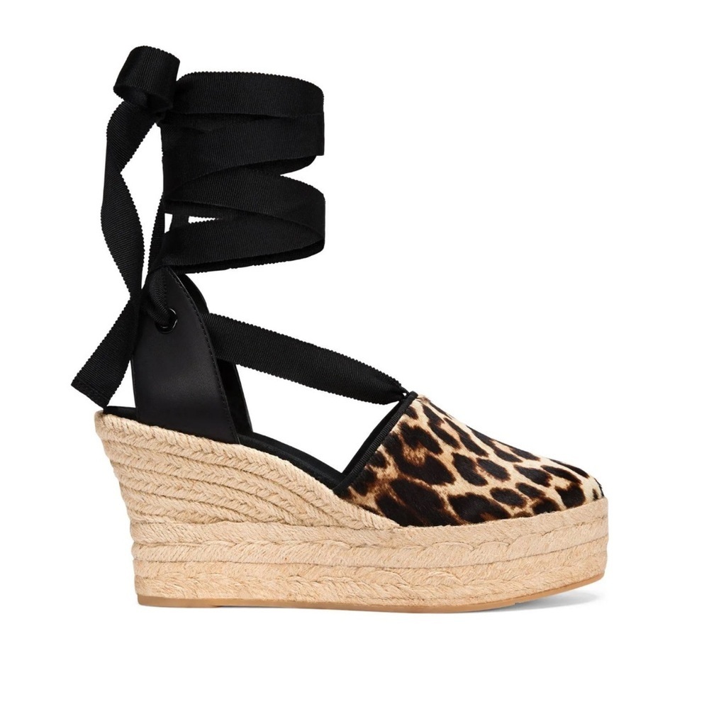 Tory Burch Elisa Leopard Print Espadrille Wedge Shoe Size 10.5 Calf Hair Lace Up